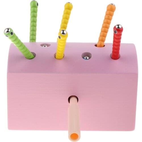 Wooden Catch Worms Pretend Magnetic Fishing Insects Game Toys Kids Baby Developmental Toy Pink