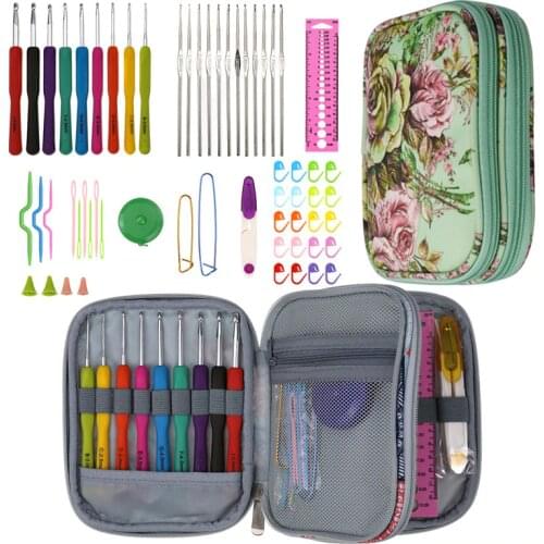 KOKNIT Crochet Hooks Needles Set Mix Size Ergonomic Crochet Knitting Needle Scissors Ruler Sewing Kit DIY Clothes Scarf with Bag