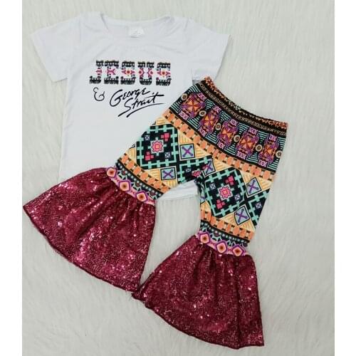 New arrival summer girl white shirt and bell pants toddler kids Easter day outfit with sequin