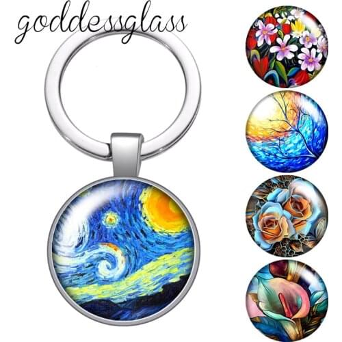 Oil paintings The Starry Night Flowers Round glass cabochon keychain Bag Car key chain Ring Holder Charms keychains for gift
