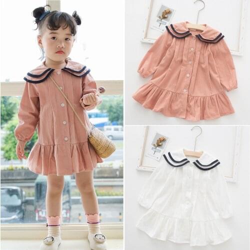1 2 3 4 5 Y Baby Girls Dress Casual Korean Doll Collar Princess Dress Long-sleeved Single-breasted Ruffle Kids Dresses for Girls