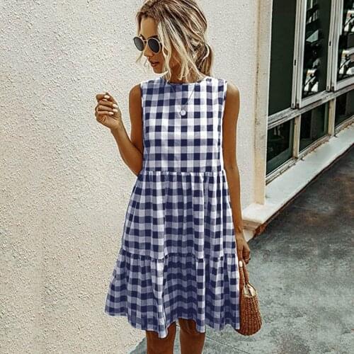 Fashion Women Plaid Short Dress Pockets A-line Dress Casual Summer Beach Dress Sundress Evening Party Dress Vestido de mujer