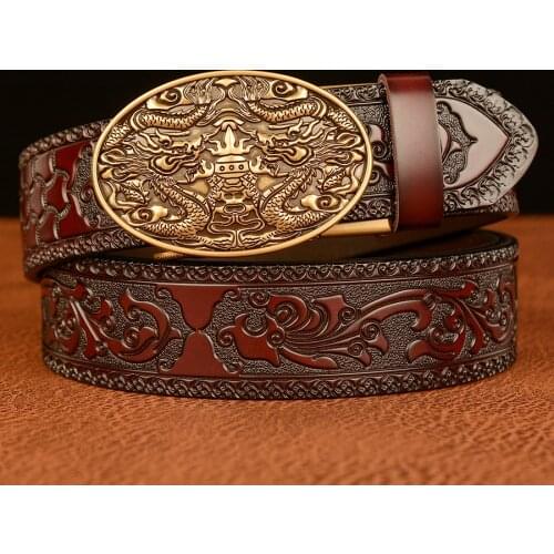 New Design Fashion Auto Lock Buckle Wen Belt Genuine Leather Man Waistbands belts Flower Pressed Cow Leather Male Designer Belt