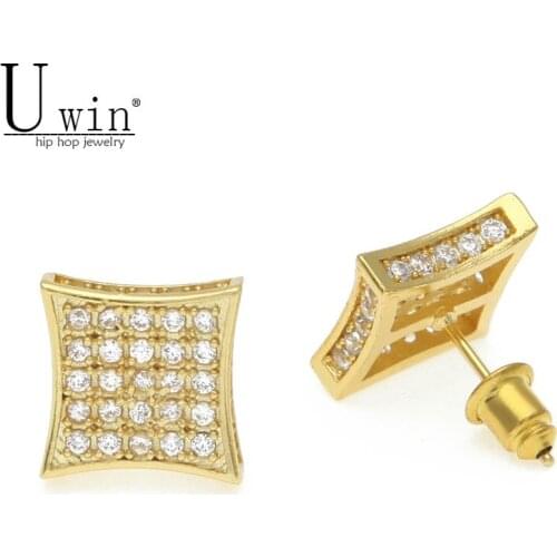 AAA Zircon Mens Stud Earrings Copper Material Gold color Color Square CZ Earrings For Women Fashion Hip Hop Jewelry 11mmx11mm
