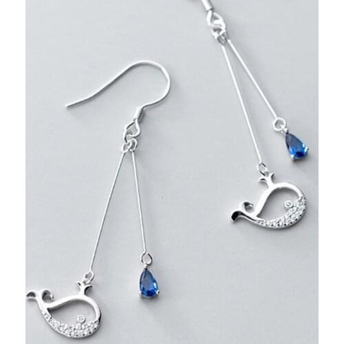 Real 925 Sterling Silver Blue Zircon Whale Tassel Drop Earrings For Fashion Women Party Fine Jewelry Cute Accessories