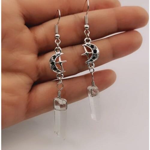 White Clear Quartz Moon Earrings - Boho,Witchy,Natural Stones,Esoteric, Celestial,Alternative,Nugoth, Gothic,Romantic.star Gift