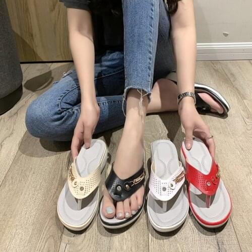 Summer New Womens Slippers Metal Button Slides Shoes Ladies Wedge Flip Flops Women Outside Platform Leisure Beach Sandals