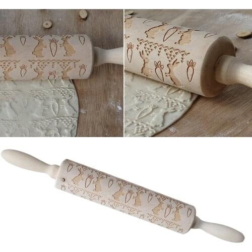 Easter Dedicated Rolling Pin Engraved Bunny Egg Carrot Dough Emossing Roller for Pancake Pizza Non Sticky Wood Rolling Pin