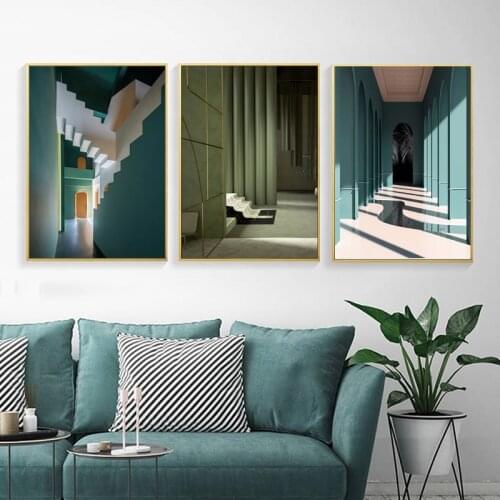 Building House Corridor Painting Poster Canvas Green And Blue Architecture Wall Art Nordic Printings Picture Modern Home Decor