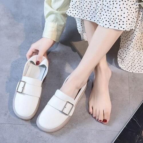 Soft-soled Shoes Women 2021 Amoi Leather White Shoes Buckle Pregnant Women Flat Shoes Large Size 42 Loafers Zapatos De Mujer
