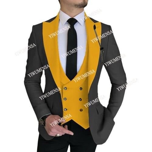 YIWUMENSA Slim Fit Mens 3 Pieces Set Wedding Suits Blazers Custom Made Black Peaked Laple Jacket+Vest+Pants Groom Wear Tuxedos