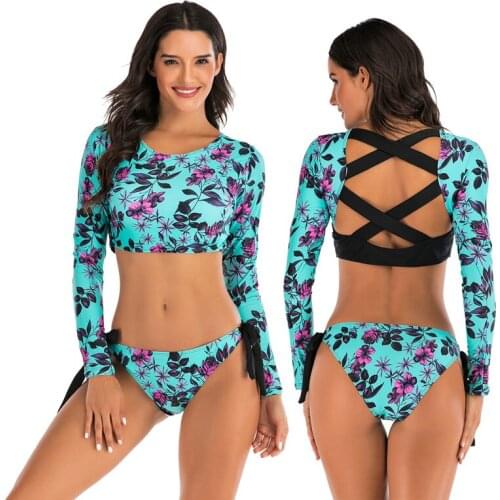 Womens Swim Shirt Rashguard Long Sleeve Crop Top with Triple Bikini Tie Side Bottom Criss-cross Back Rash Guard Swimsuits 2pc