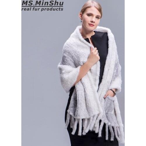 Ms.MinShu Knit Real Mink Fur Shawl Winter Autumn Mink Fur Wrap Women Mink Fur Coat Hand Knitted Natural Mink Fur Scarves