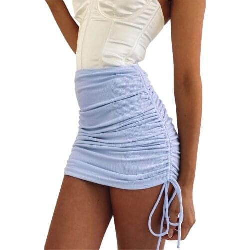 Sexy Knitted Thread Pocket Hip Skirt Slim Side Drawstring Elastic Pleated Adjustable Skirt Womens Mini Clothing