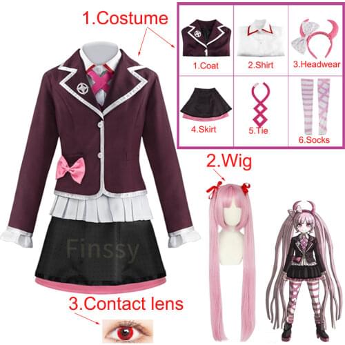 Ladies Demon Student Uniform Danganronpa Utsugi Kotoko Cosplay Costumes Including Pink Wig Headdress