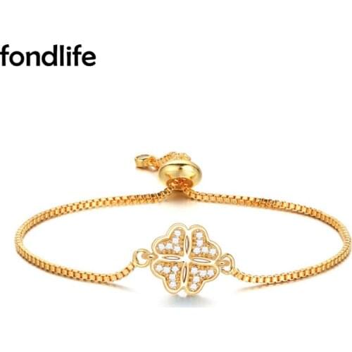 Cubic Zirconia Stones Gold-plated Four Leaf Clover Luck Charm Bracelet Women 2021 New Fashion Brass Chain Pull Chic Jewelry Gift