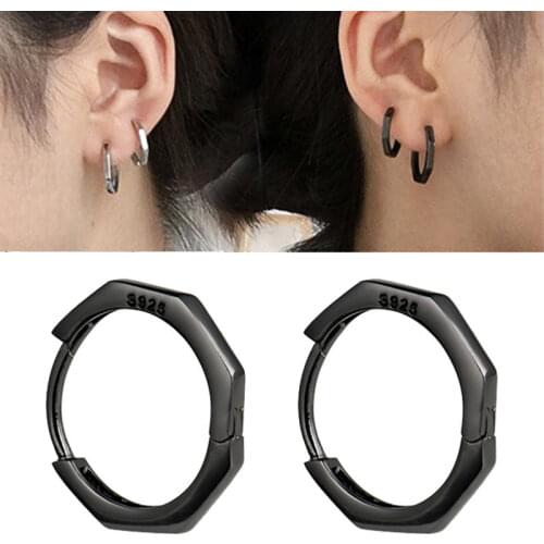 1 Pair 925 Silver Hoop Earrings for Women Round Circle Rhinestone Silver Black 925 Big Large Hoop 15mm Fashion Jewelry