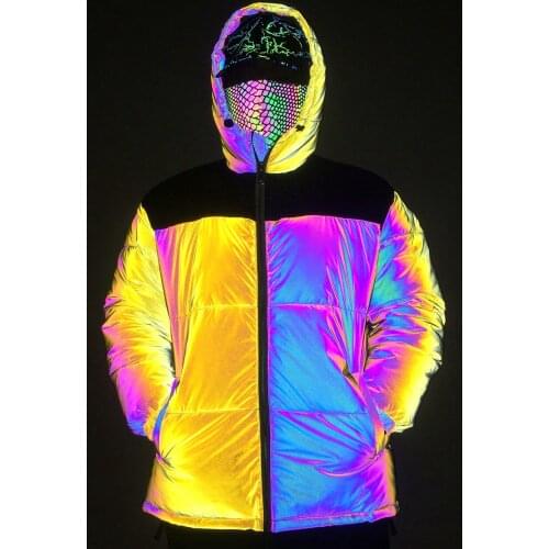 2021 Mens Yellow Stitching Colorful Reflective Cotton-Padded Clothes Teenagers Casual Street Hip Hop Cotton-Padded Clothes