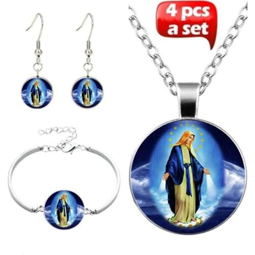 4pcs/Set Virgin Mary Mother Necklaces Bracelet Earring Glass Pendant Necklace Jesus Christ Christian Jewelry Jesus Oil Painting
