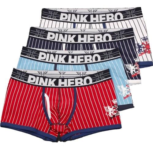 4pcs Pink Heroes High-Quality Cotton Underwear Men Boxer Shorts Classic Striped Male Underpants Comfortable U-bag Gay Cuecas