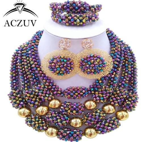 ACZUV Latest Multicolor AB African Beads Bridal Wedding Jewelry Sets Nigerian Necklace and Earrings D4R018