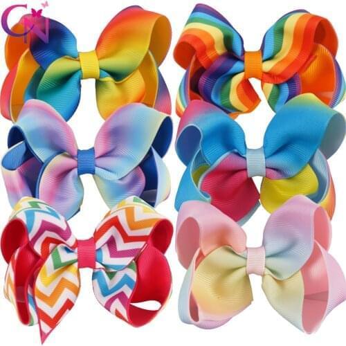 12 Pieces/lot 4.5" Rainbow Hair Bows With Clips For Kids Girls Handmade Printed Ribbon Layers Bows Hairgrips Hair Accessories