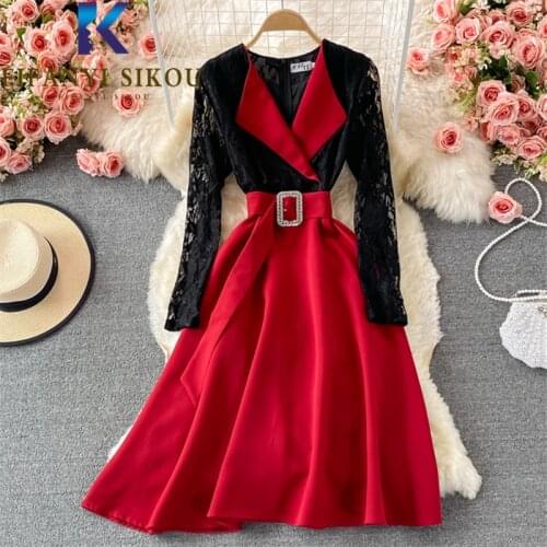 Elegant Party Dress Women 2021 New Lace Spliced Fashion Lapel Long Sleeve High Waist Midi Long Dress Ladies Spring Autumn Dress