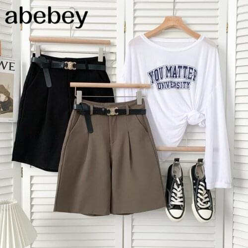 Temperament versatile solid color Shorts high waist pleated leisure wide leg A-line Shorts with belt 2021 New Summer Women