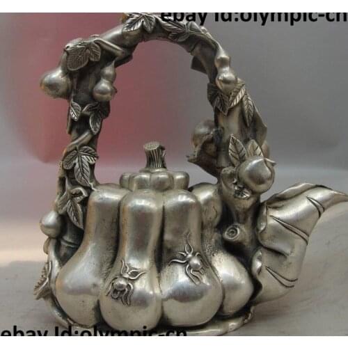 China Tibet Silver Spider Peach Bottle Gourd Pumpkin Kettle Pot Teapot Statue