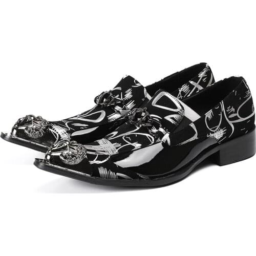 Handmade classic high quality mens patent leather black shoes metal pointed toe dress shoes oxford office shoe for men size47