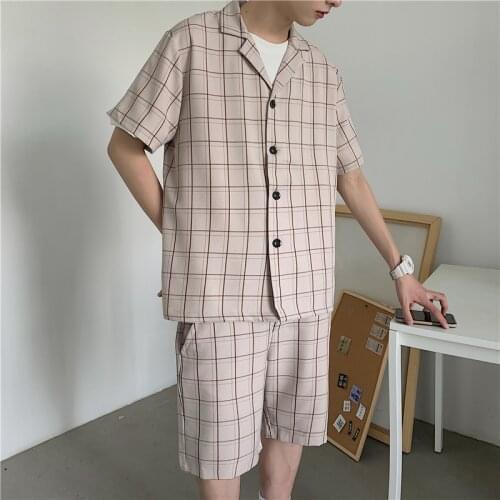Summer Short-sleeved Shorts Suit Mens Korean Fashion Loose Business Casual Plaid Suit Mens Harajuku Streetwear Formal Suit Men
