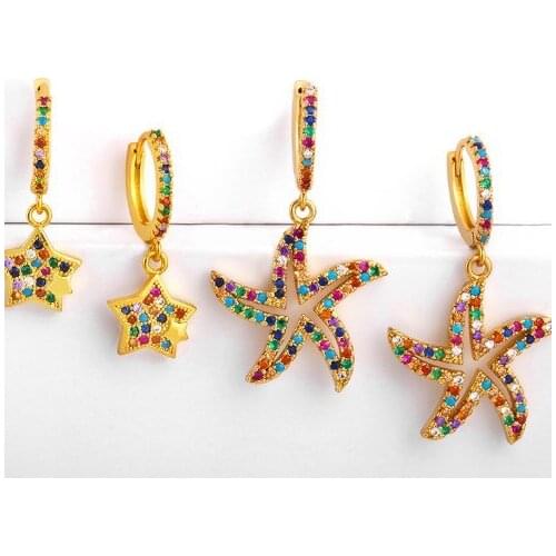 Starfish multicolor Brass micro pave cz zircon cubic zirconia drop Hoop Earrings studs copper gold plated crystal cgbh2