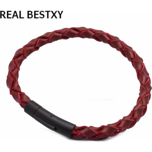 REAL BESTXYMens Bracelets Stainless Steel Black Leather Bracelet Wristband Bangle Punk Style Fashion Jewlery steel Clasp