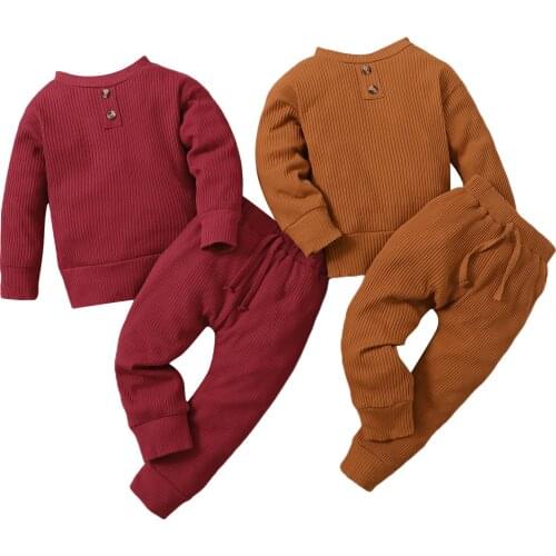 Citgeett Autumn Kids Baby Girls Boys Spring Tracksuit Solid Color Ribbed Long Sleeves T-Shirt + Tied Waist Pants Set 1-5Years