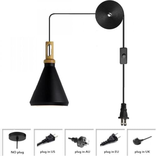 Plug In Ceiling Light Fixture with Wood Lamp Holder, Farmhouse Metal Industrial Vintage Hanging Pendant Lighting, Black