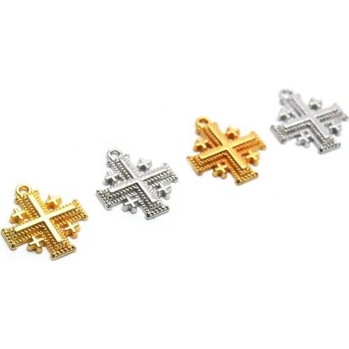 QIGO Gold Color Metal Jerusalem Cross Pendant Religious DIY Jewelry Accessories 10pcs/lot