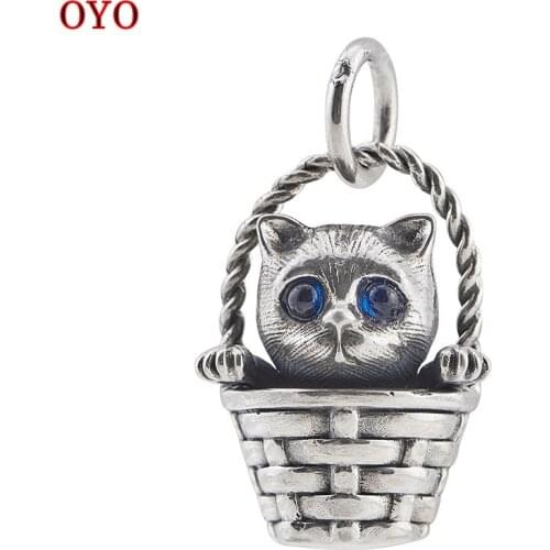 S925 Silver Vintage Fashion Flower Basket Pendant Kitten Pet Necklace Pendant