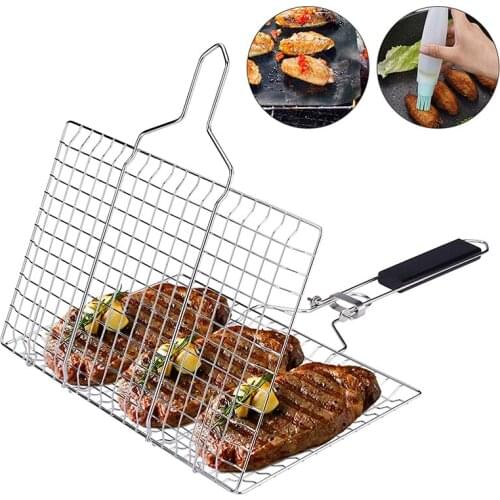 Removable Handle Portable BBQ Grill Basket Stainless Steel Grilling Net with Grill Mat, Sauce Brush and Carrying Pouch