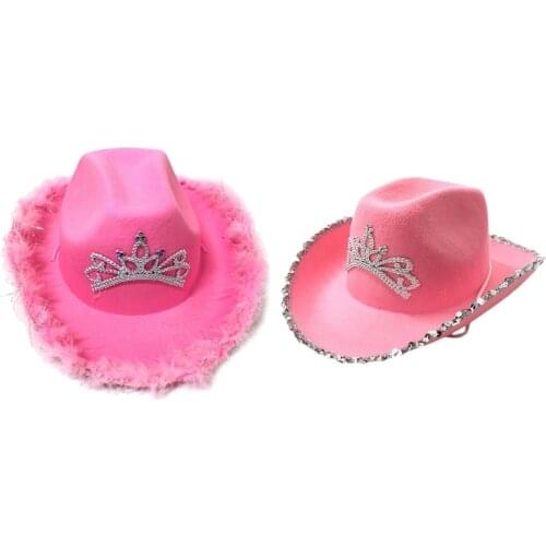F3MD Party Hat in Europe Style Pink Cowboy Hat with Sequins-Decorated Edge