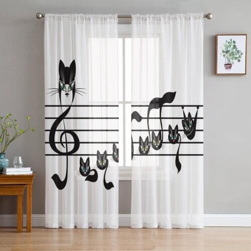 Cat Musical Note Stave White Sheer Curtains for Living Room Modern Voile Curtain Bedroom Tulle Curtains Window Drapes Decor