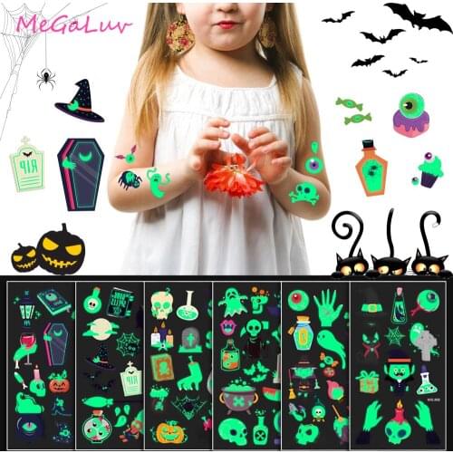 Halloween Luminous Tattoo Stickers Skull Stickers Water Transfer Halloween Party Children Temporary Tattoo Stickers
