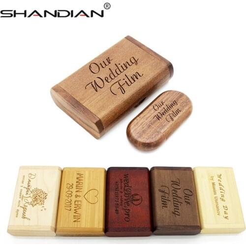 SHANDIAN 1PCS free custom logo wooden usb+Box pen drive 8GB 16gb 32gb USB Flash Drive photography wedding Gift customer LOGO