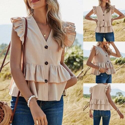 V-Neck Ruffle Sleeve Button Up Solid Pleated Shirts Women Summer Casual Cotton Sleeveless Ladies Tops and Blouses