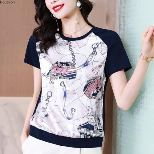 Womens T-shirt New Top Fashion Casual Tees Round Neck Short Sleeve Loose Tops Splicing Satin T Shirt Silk Summer 10103