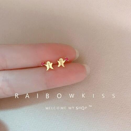 Women Cute Gingerbread Man Stud Earrings Simple Mini Super Fine Inlay CZ Earrings for Girls Womens Party Jewelry Birthday Gifts