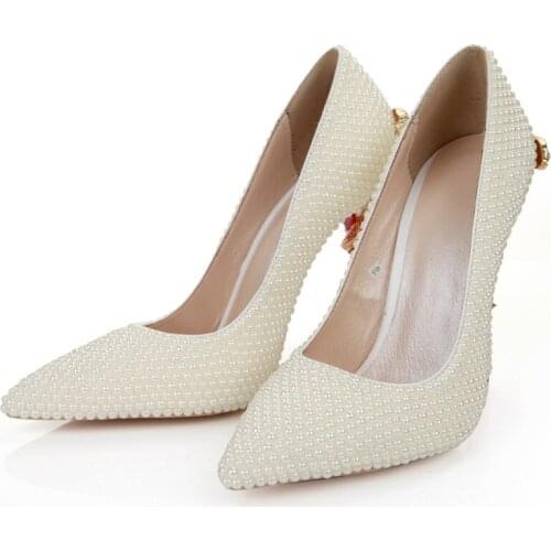 Fashion Sweet Creamy White Pearl Women High Heels Shoes High Quality European Ladies Special Pumps Shoes For Evening Party