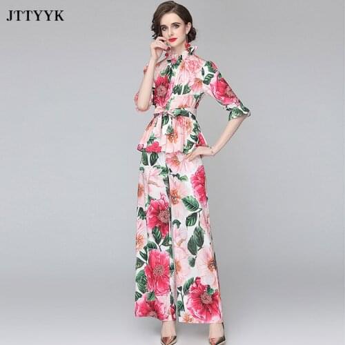 Women 2 piece Summer Pants Shirt Sets Chic And Elegant Woman Pants Suit Two Piece Set Print Top And High Waist Wide Leg Pants