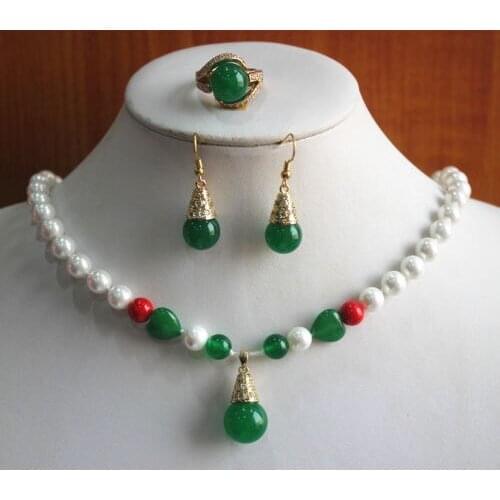 Fashion WomenS 8mm White Pearl And Green jade Necklace Earring Ring Jewelry Set