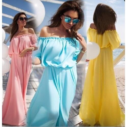 Summer Maxi Dress Solid Chiffon Off Shoulder Sexy Party Dresses Bohemian Beach Vestidos Dress Elegant Women Long Dress