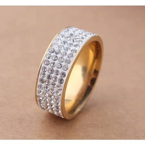 Gold color Color Four 4 Row Lines Full CZ Crystal Jewelry Wholesale Fashion 316L Stainless Steel Ring